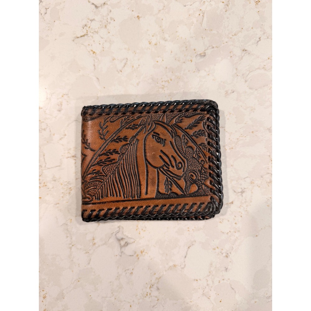 Vintage Tooled Leather Horse Bifold Wallet Brown Whipstitch Western Equestrian